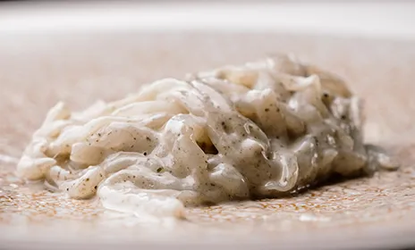 Spaghetti di calamaro, cacio e pepe affumicati serviti al ristorante di pesce Da Sacerno a Bologna